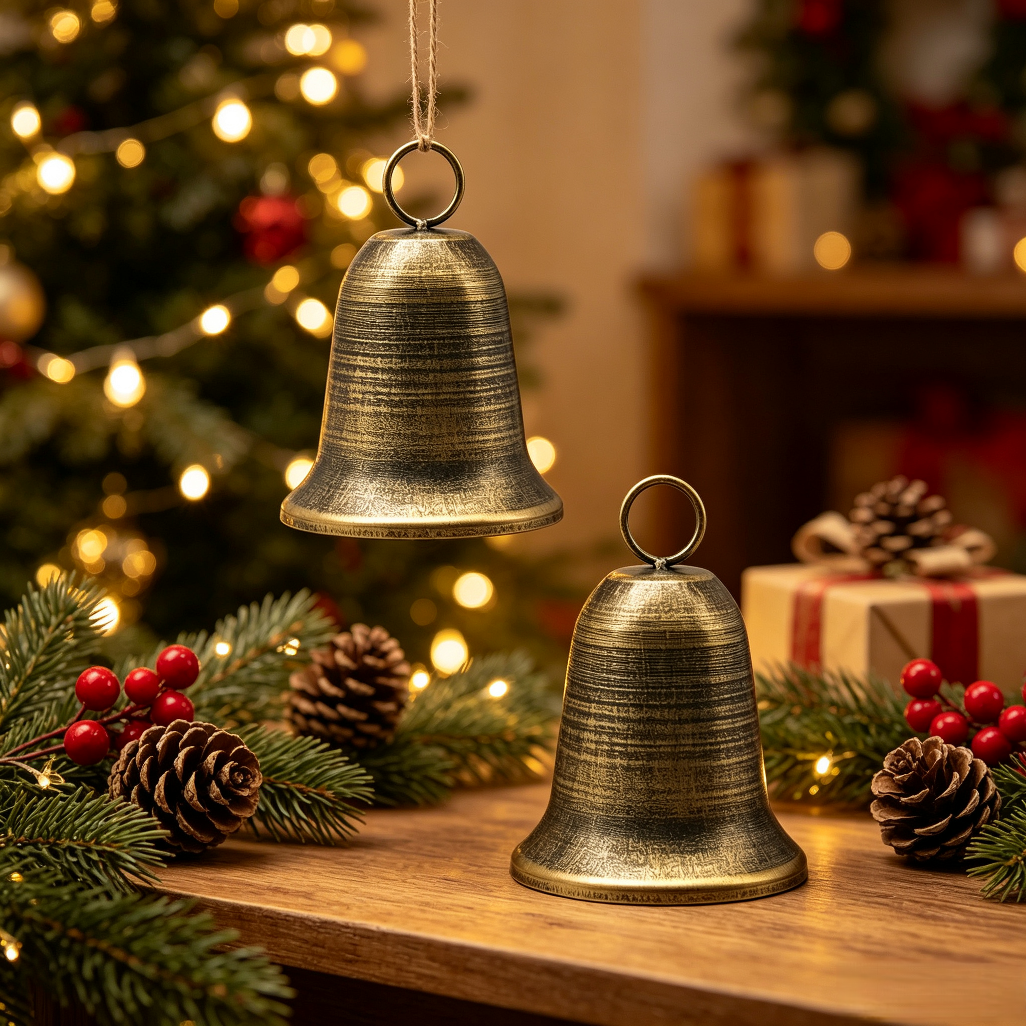 Rustic Bronze Christmas Bell Set 3Pcs, Vintage Holiday Decor for Trees and Doors — view 2
