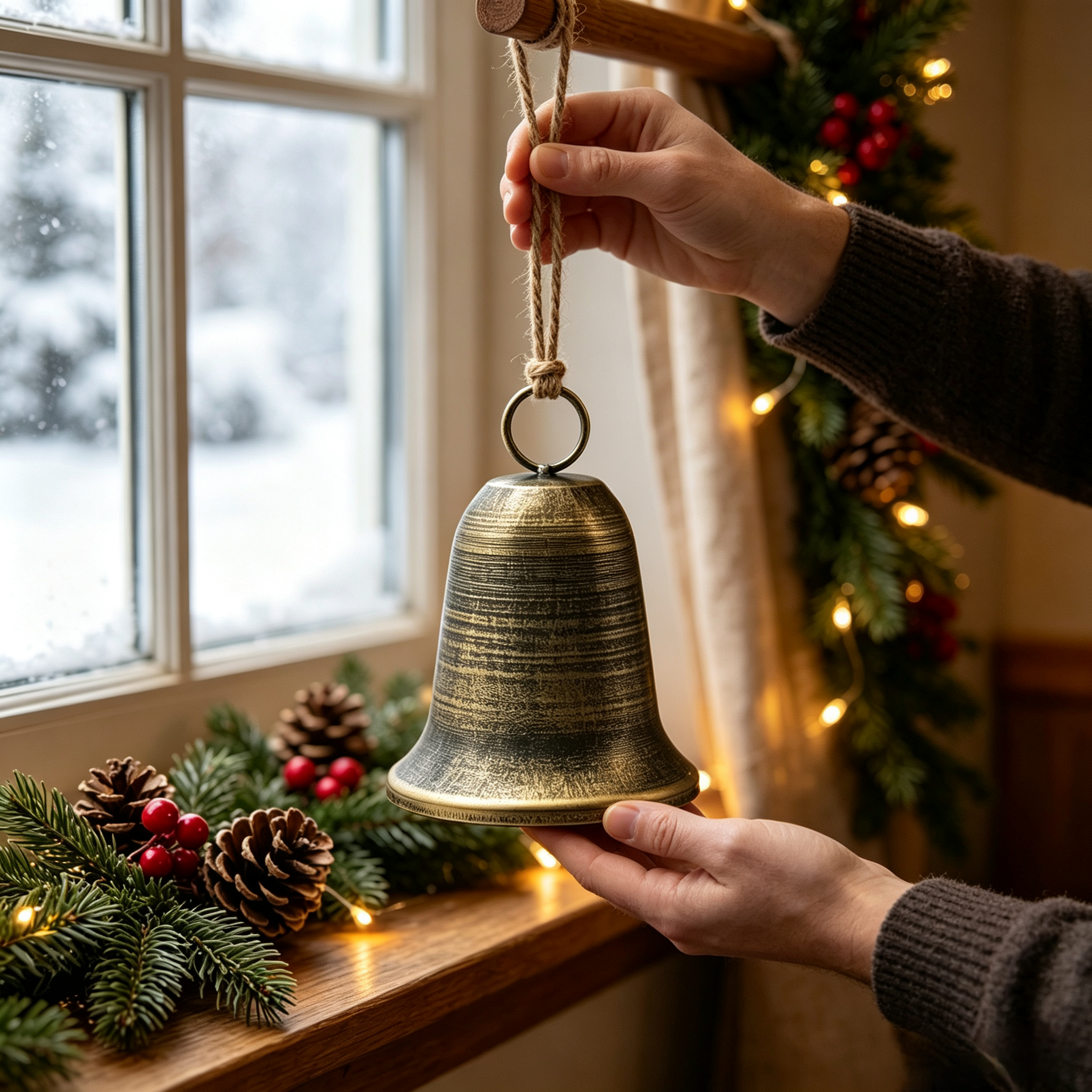 Rustic Bronze Iron Christmas Bells 2Pcs, Vintage Holiday Decor for Tree, Wreath, Door — view 6