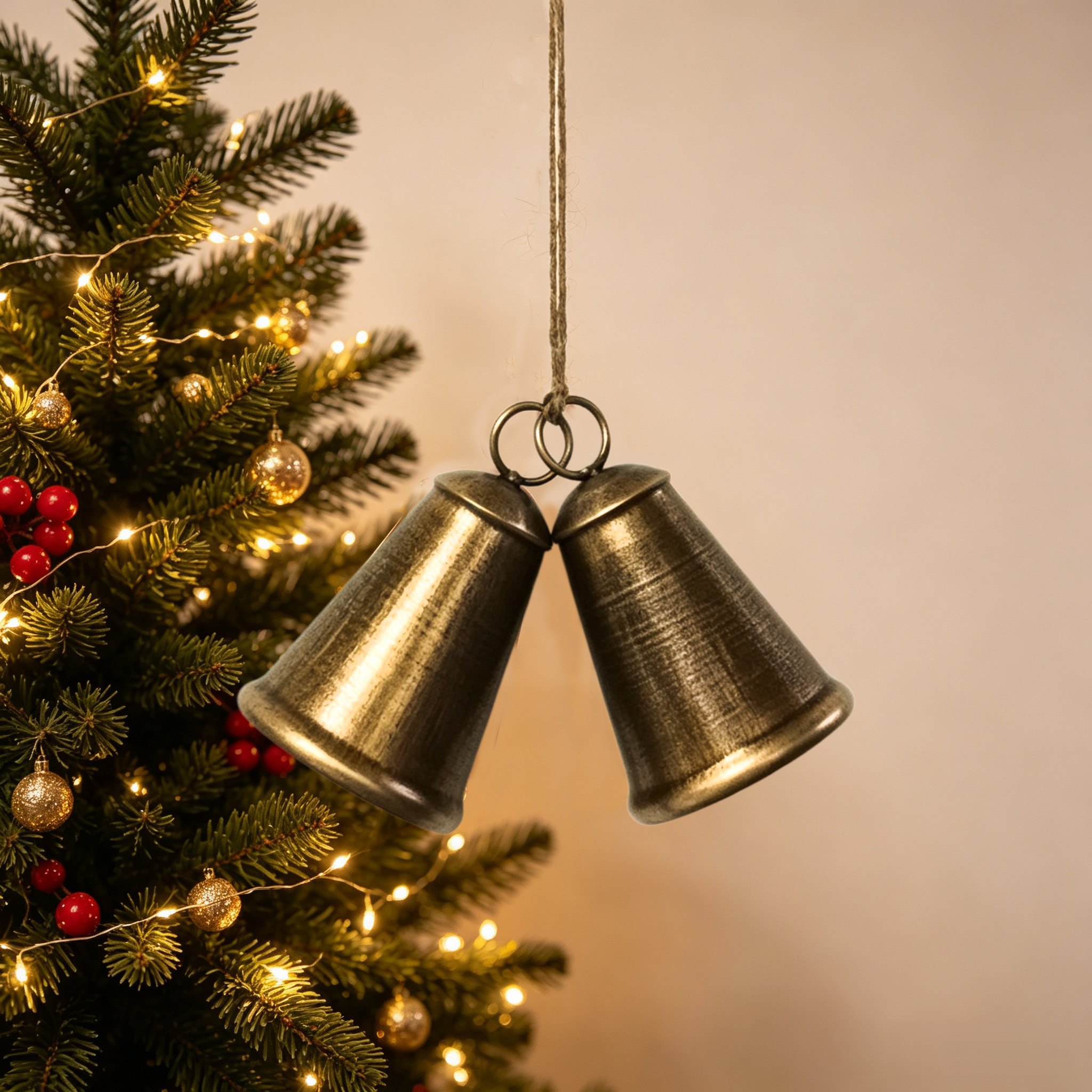 Antique Bronze Iron Christmas Bells 2Pcs Rustic Hanging Decor — view 2