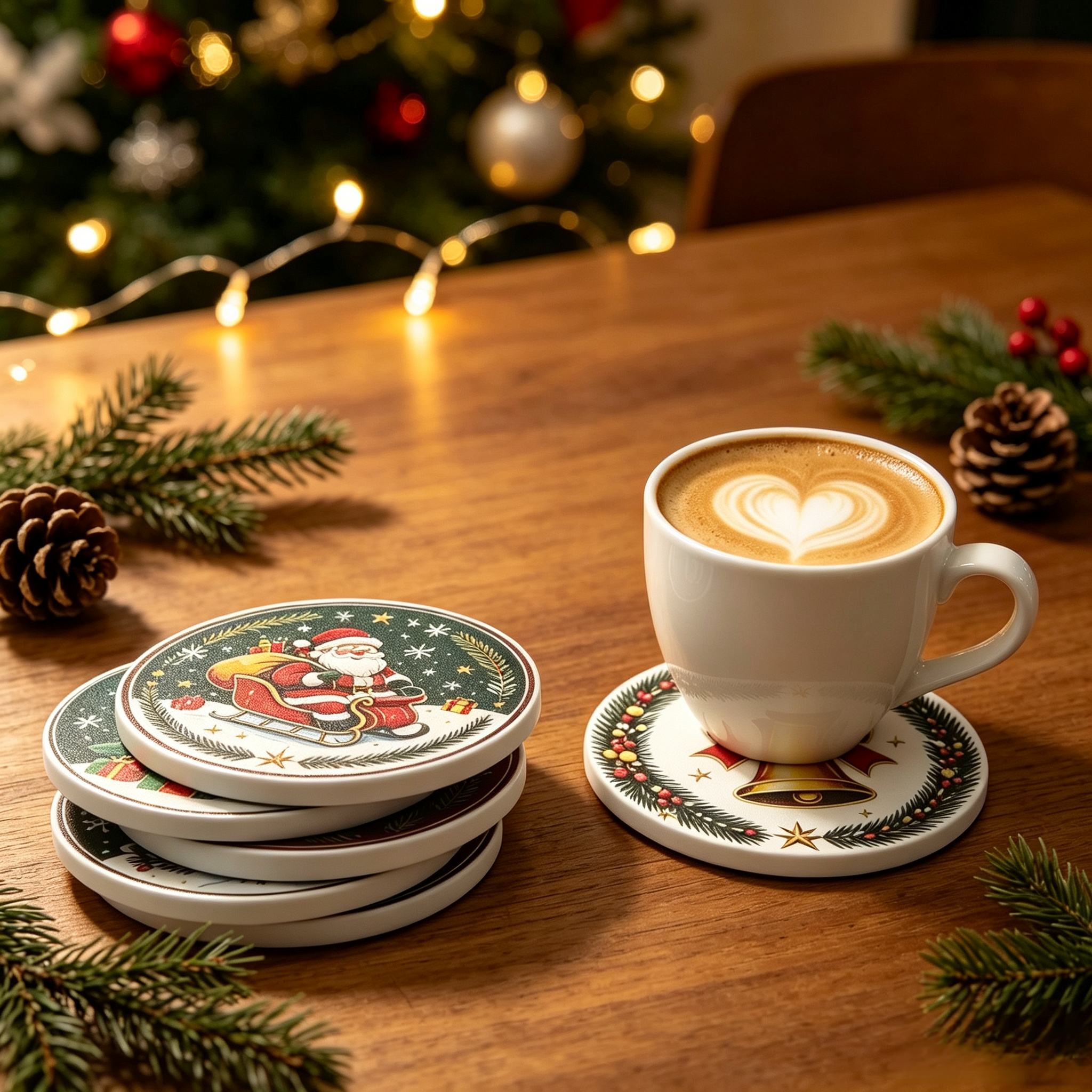 6-piece Christmas-themed tableware coasters made of heat-resistant, insulating, and non-slip ceramic material. Perfect for dining tables, desks, conference tables, and party decorations, these coasters make a thoughtful Christmas gift for friends or family.