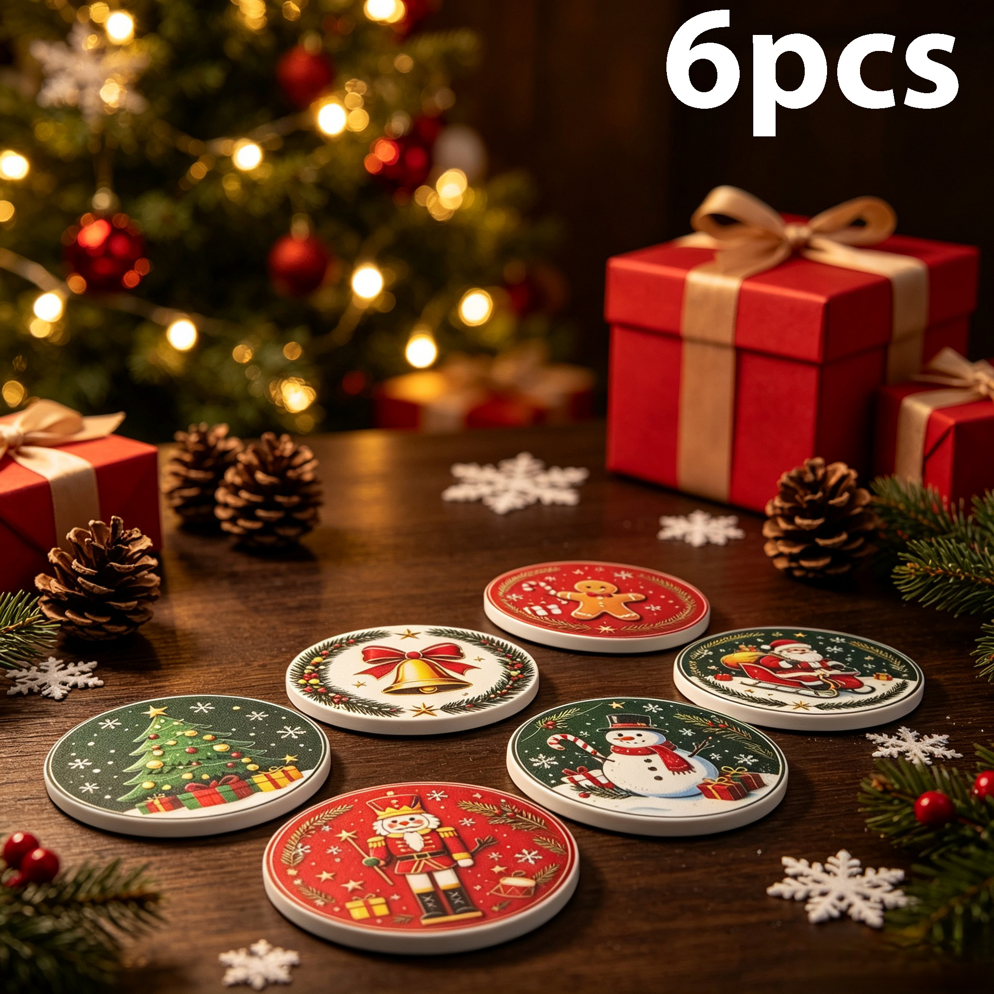 6-piece Christmas-themed tableware coasters made of heat-resistant, insulating, and non-slip ceramic material. Perfect for dining tables, desks, conference tables, and party decorations, these coasters make a thoughtful Christmas gift for friends or family. — view 2