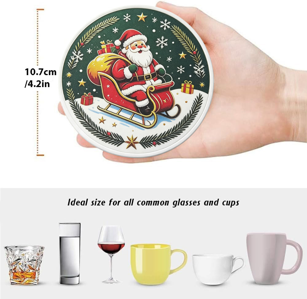 6-piece Christmas-themed tableware coasters made of heat-resistant, insulating, and non-slip ceramic material. Perfect for dining tables, desks, conference tables, and party decorations, these coasters make a thoughtful Christmas gift for friends or family. — view 3