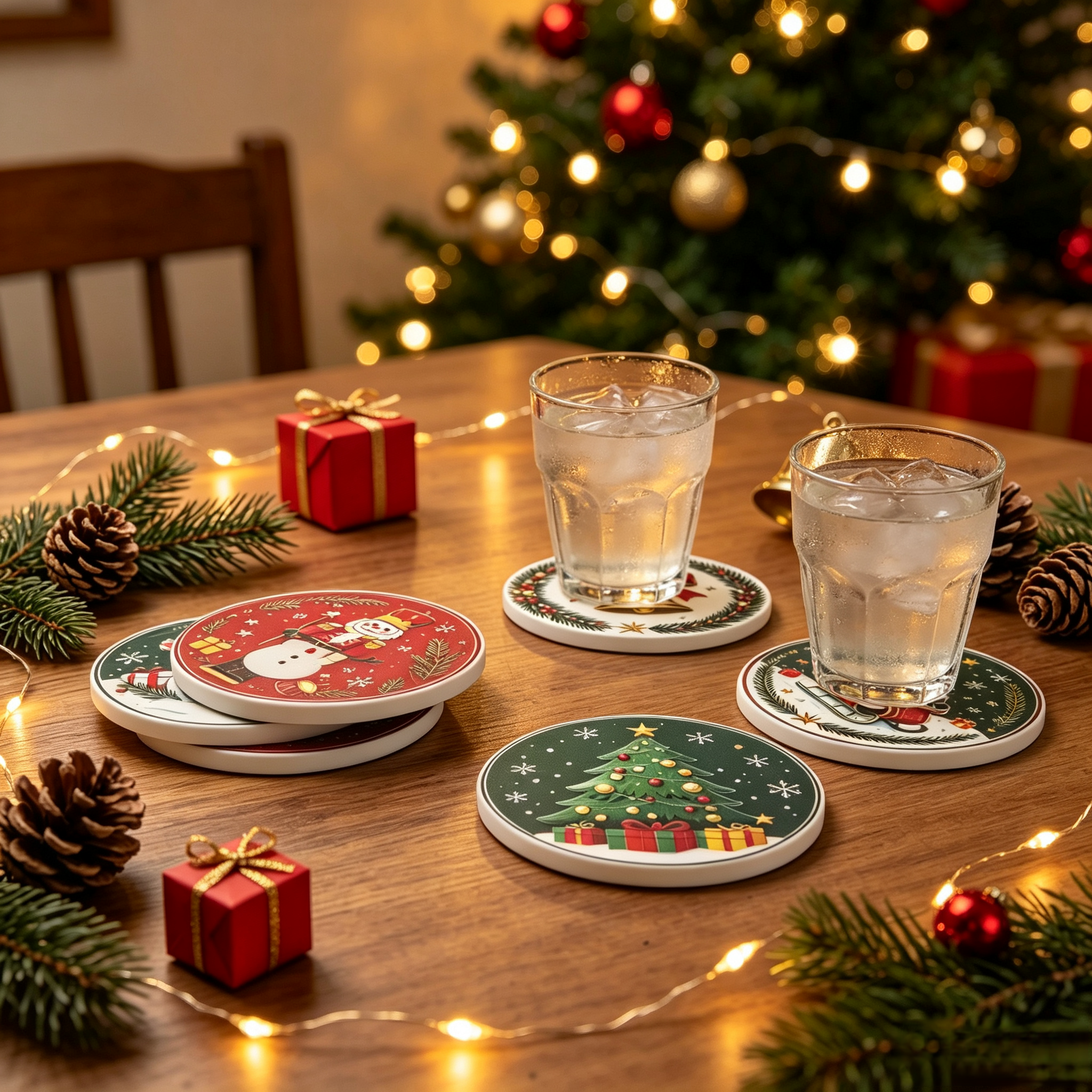 6-piece Christmas-themed tableware coasters made of heat-resistant, insulating, and non-slip ceramic material. Perfect for dining tables, desks, conference tables, and party decorations, these coasters make a thoughtful Christmas gift for friends or family. — view 5