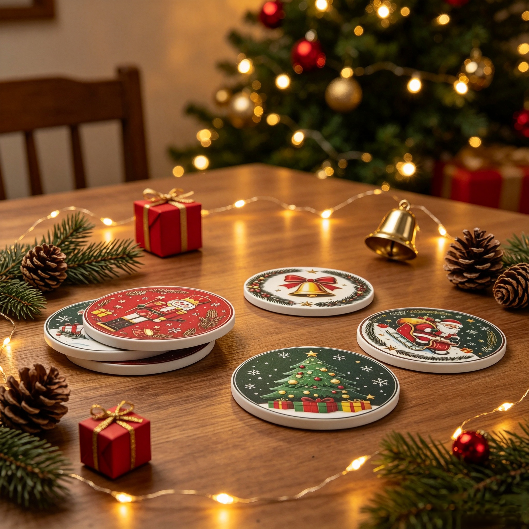6-piece Christmas-themed tableware coasters made of heat-resistant, insulating, and non-slip ceramic material. Perfect for dining tables, desks, conference tables, and party decorations, these coasters make a thoughtful Christmas gift for friends or family. — view 6