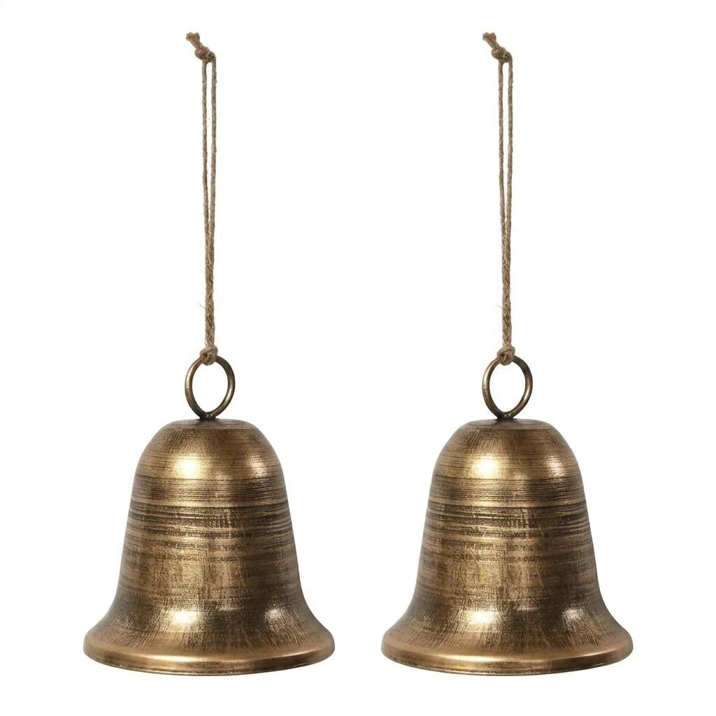 Rustic Bronze Iron Christmas Bells 2Pcs, Vintage Holiday Decor for Tree, Wreath, Door