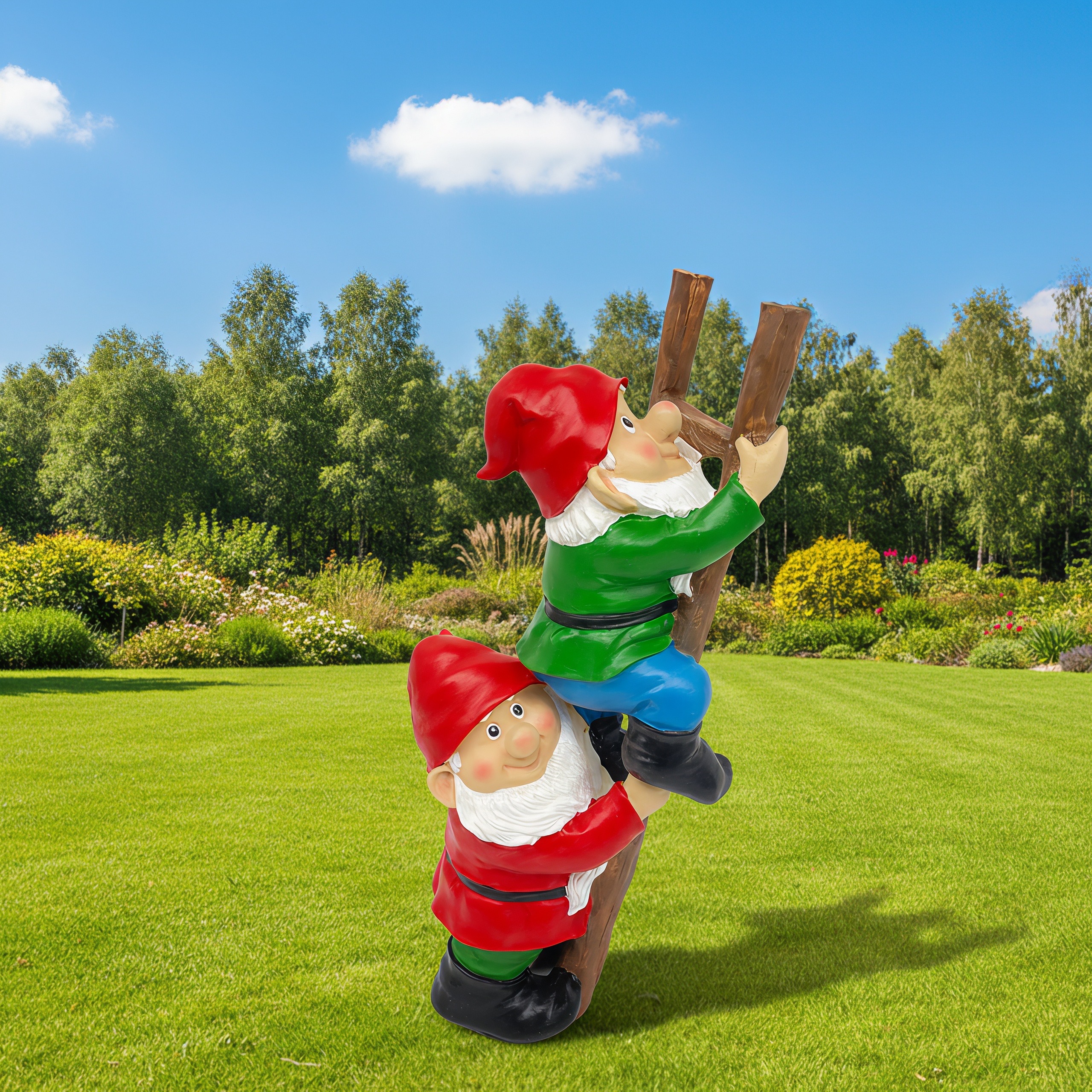 Resin Garden Gnome Set Sculpture decoration of a dwarf climbing a ladder — factory-direct Garden Decor