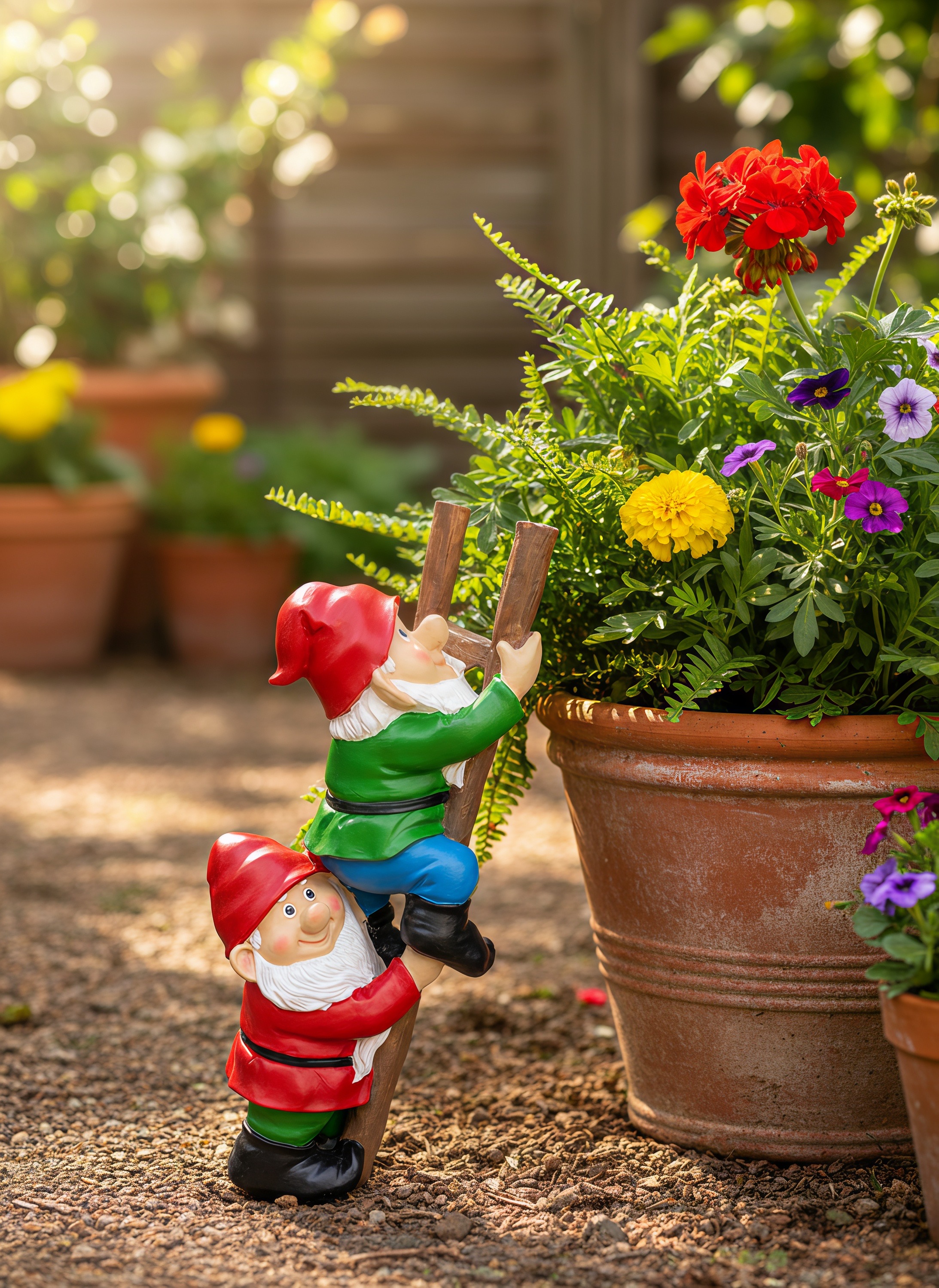 Resin Garden Gnome Set Sculpture decoration of a dwarf climbing a ladder — view 2