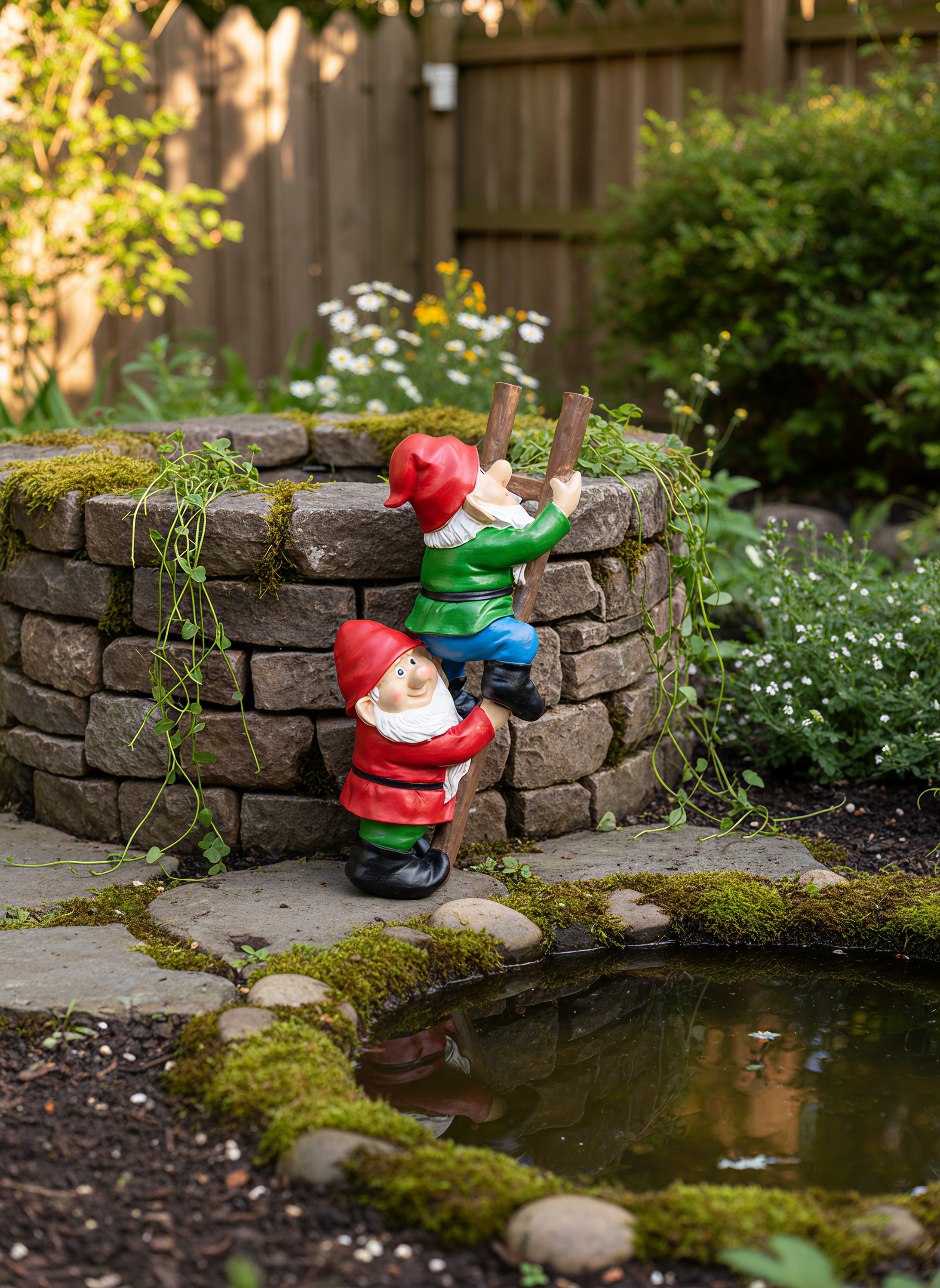 Resin Garden Gnome Set Sculpture decoration of a dwarf climbing a ladder — view 4