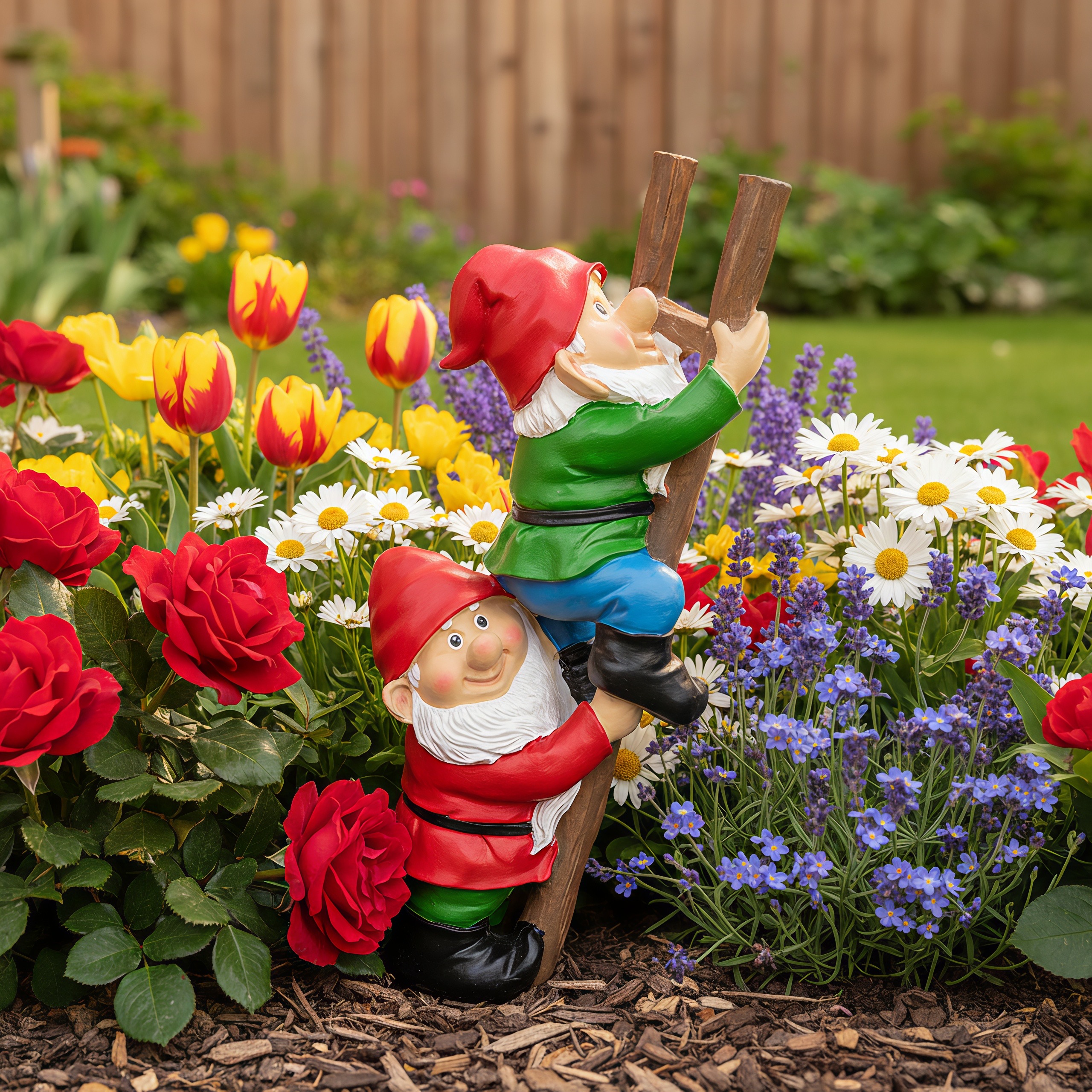 Resin Garden Gnome Set Sculpture decoration of a dwarf climbing a ladder — view 6