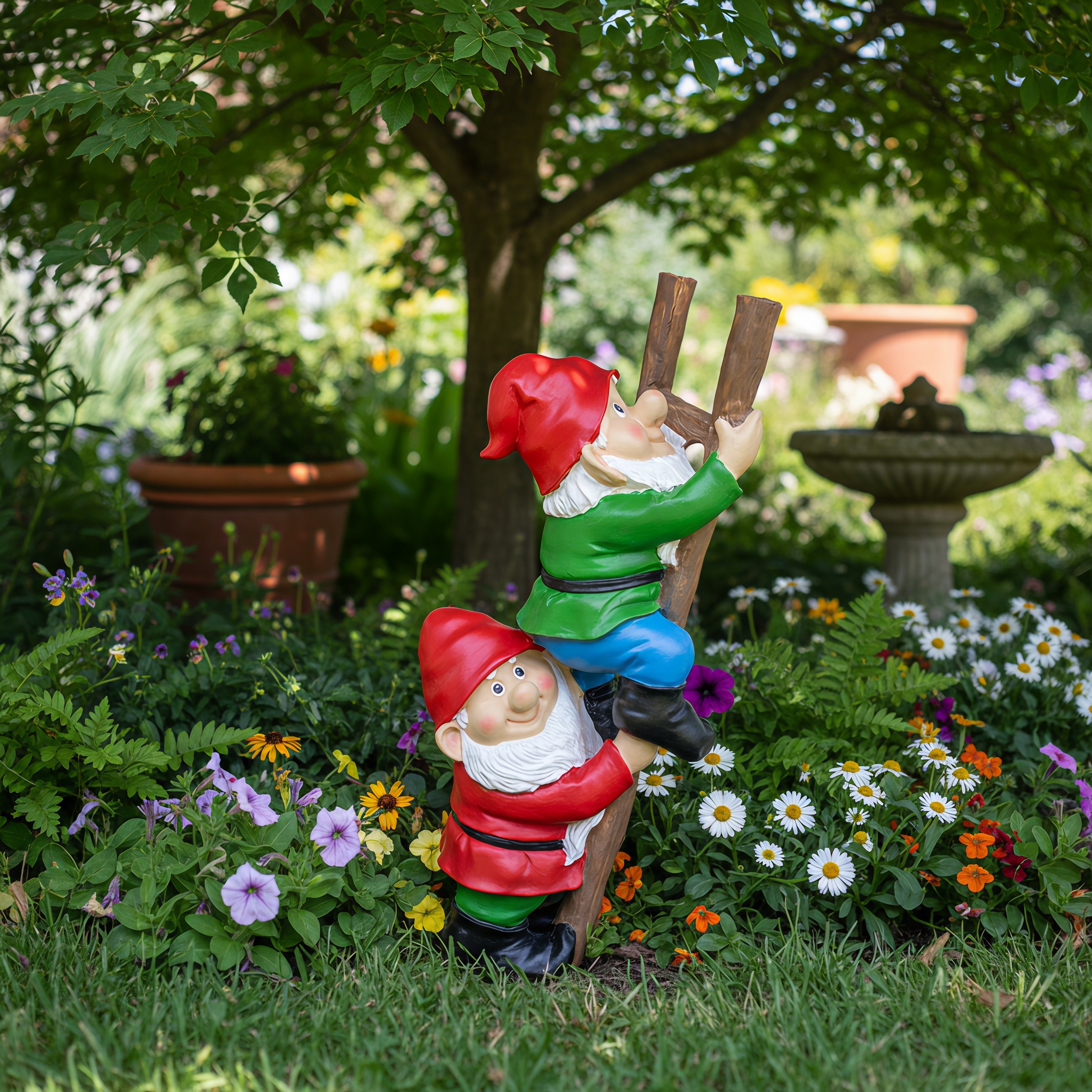 Resin Garden Gnome Set Sculpture decoration of a dwarf climbing a ladder — view 5