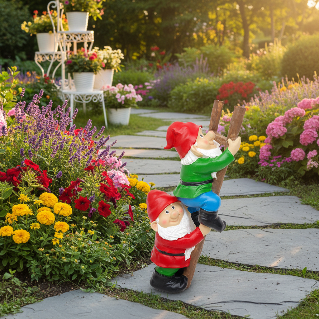 Resin Garden Gnome Set Sculpture decoration of a dwarf climbing a ladder — view 7