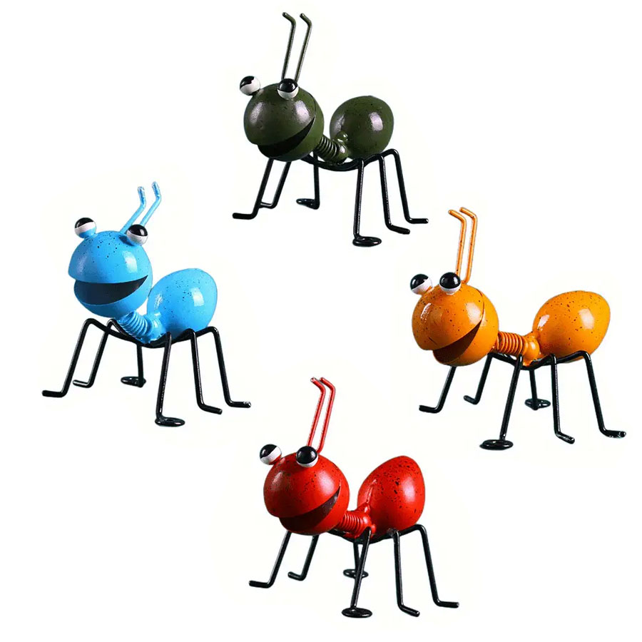 4-piece metal ant figurines for garden decoration, suitable for use on garden grass, tree branches, fences and walls. — factory-direct Garden Decor