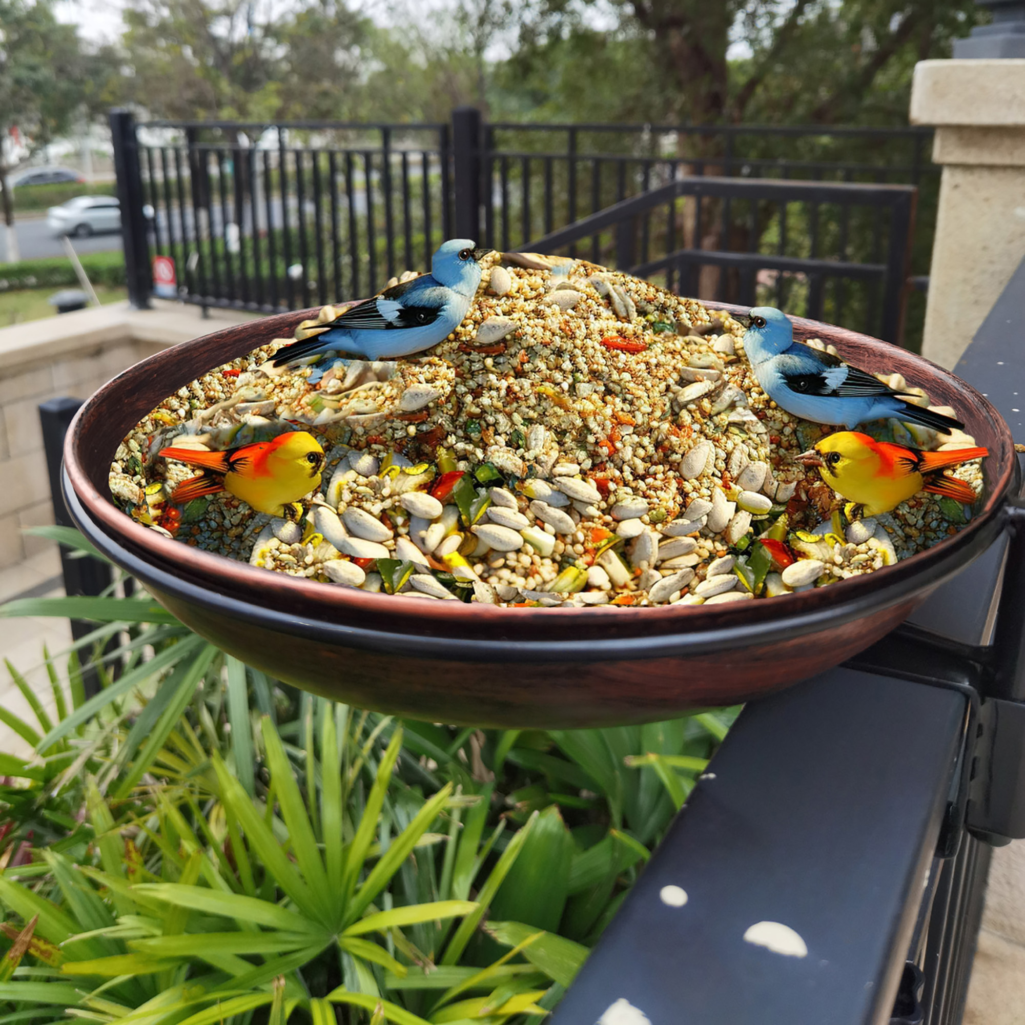 Deck mounted metal bird bath bowl with adjustable steel clamp
