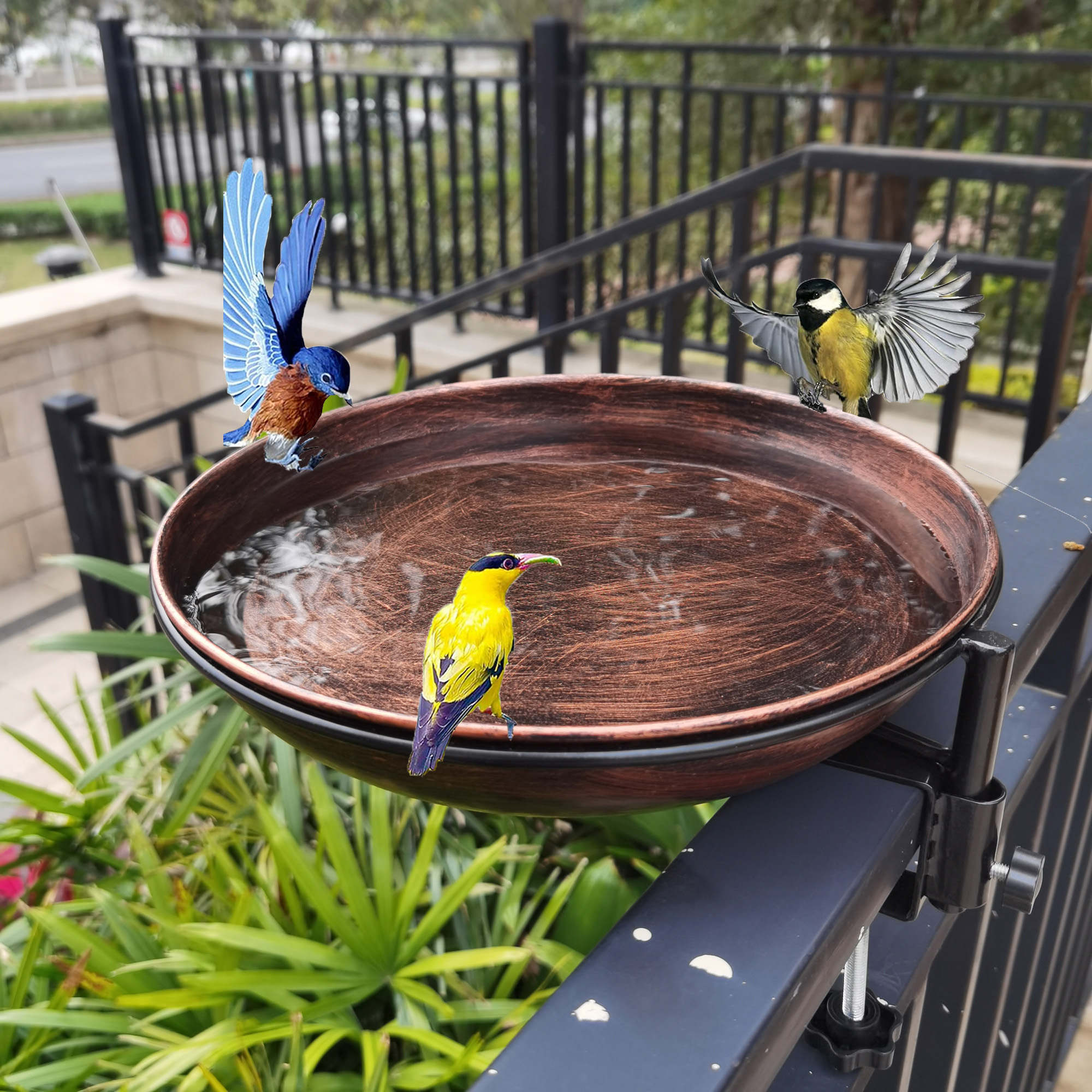 Deck Mounted Bird Bath Metal Birdbath Bowl Unheated with Lightweight Detachable, Bird Baths with Adjustable Sturdy Steel Clamp for Deck Railing Balcony Yard Garden Decoration — view 2