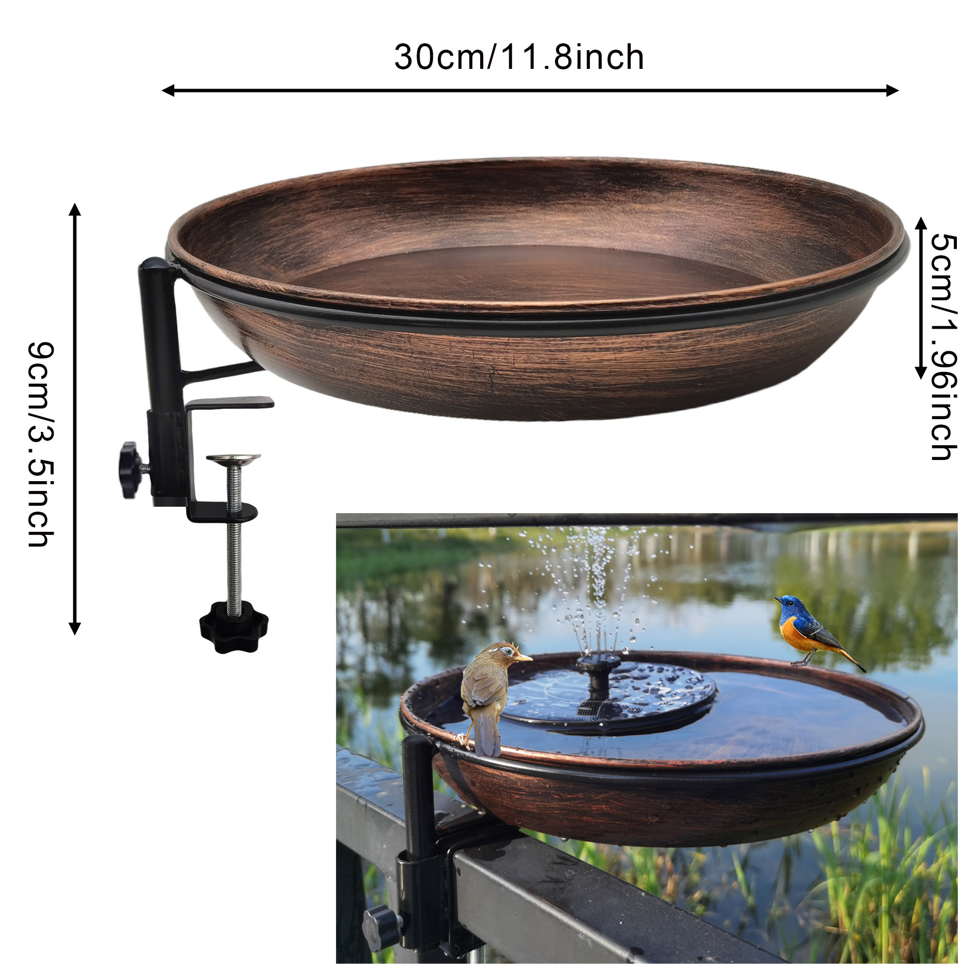 Deck Mounted Bird Bath Metal Birdbath Bowl Unheated with Lightweight Detachable, Bird Baths with Adjustable Sturdy Steel Clamp for Deck Railing Balcony Yard Garden Decoration — view 3