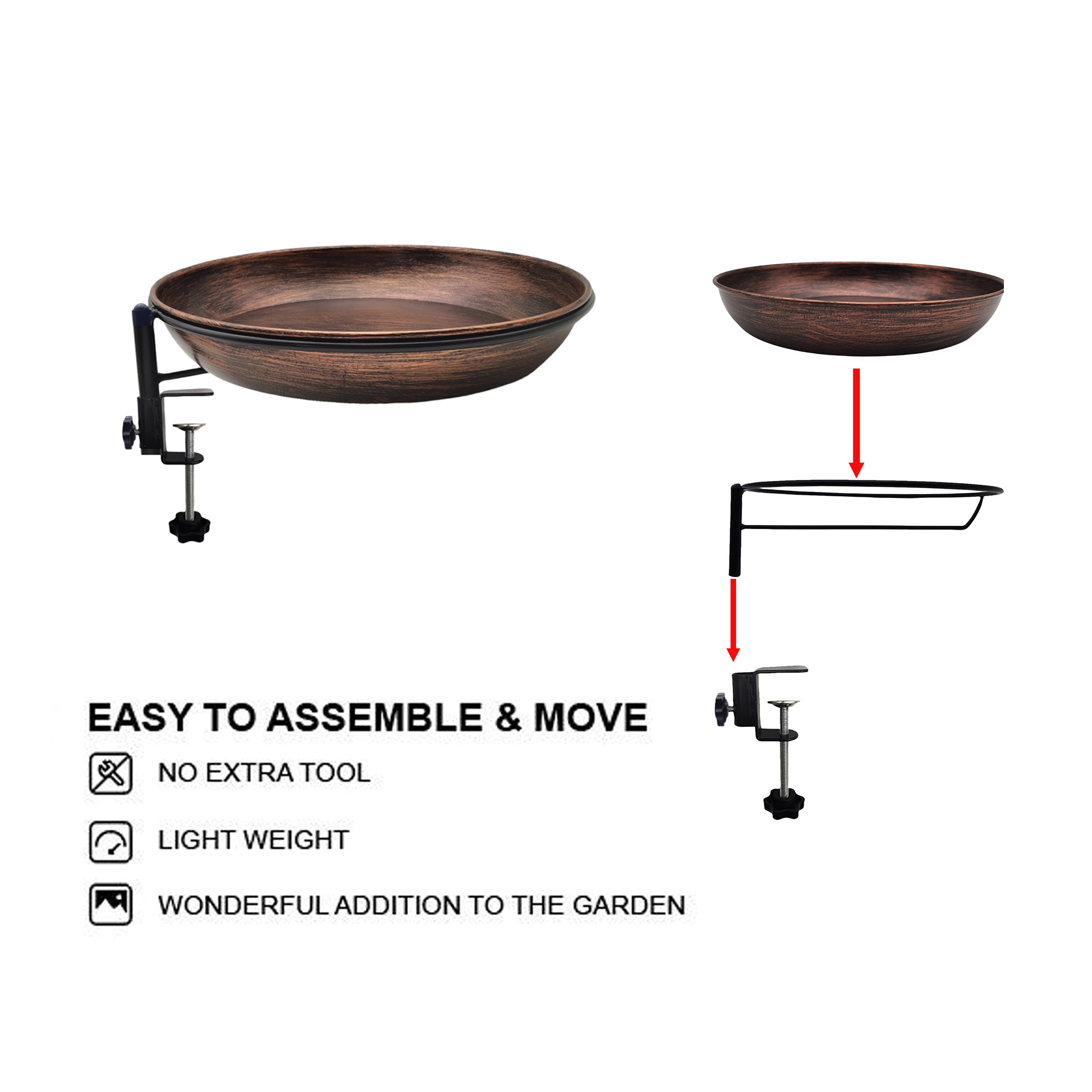 Deck Mounted Bird Bath Metal Birdbath Bowl Unheated with Lightweight Detachable, Bird Baths with Adjustable Sturdy Steel Clamp for Deck Railing Balcony Yard Garden Decoration — view 4