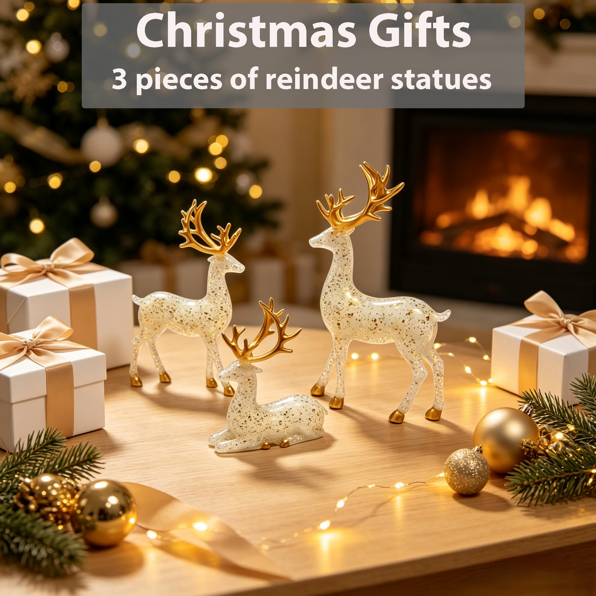 Christmas Deer Statue Decoration Set of 3 Plastic Ornaments