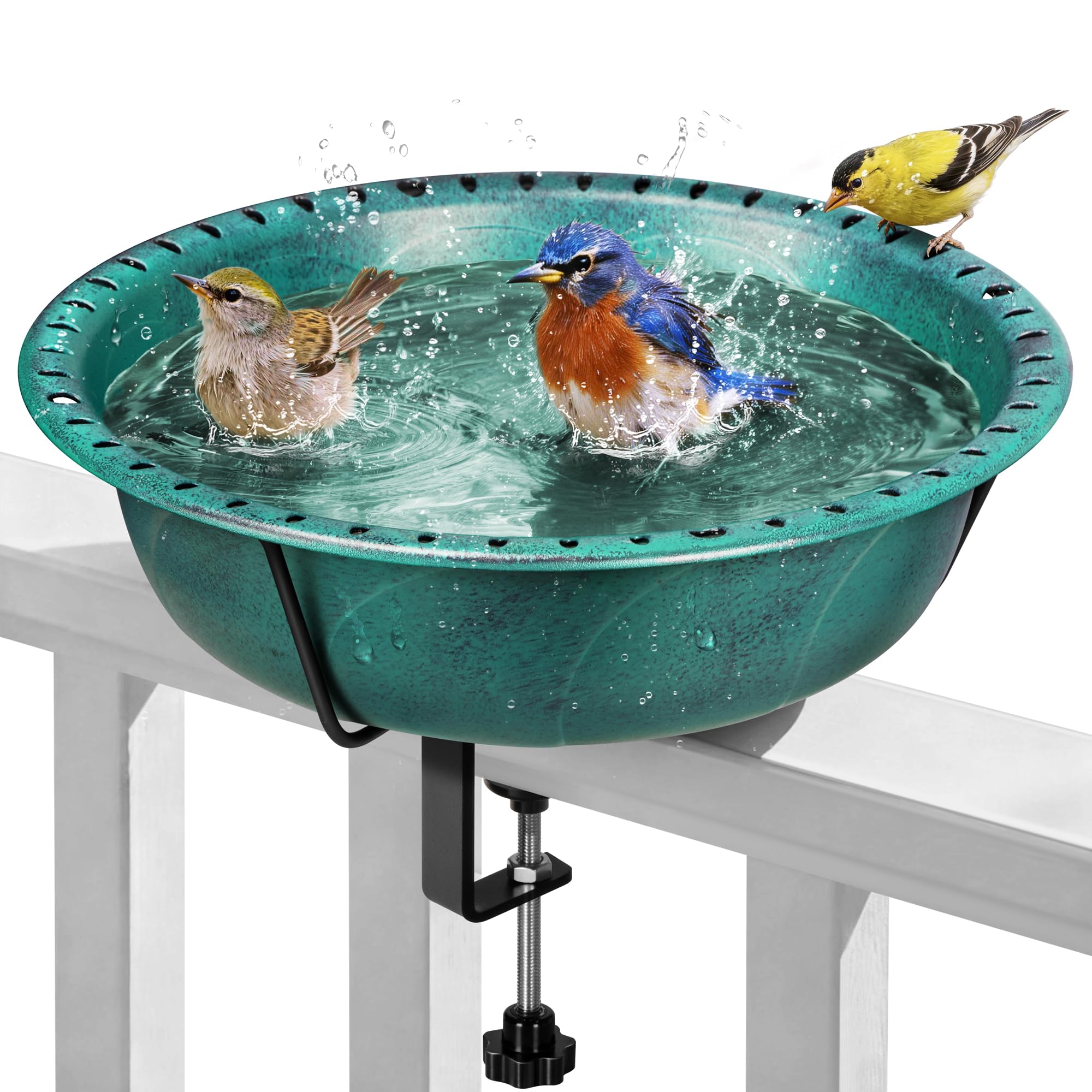 Deck mounted ABS bird bath and feeder green with adjustable metal clamp