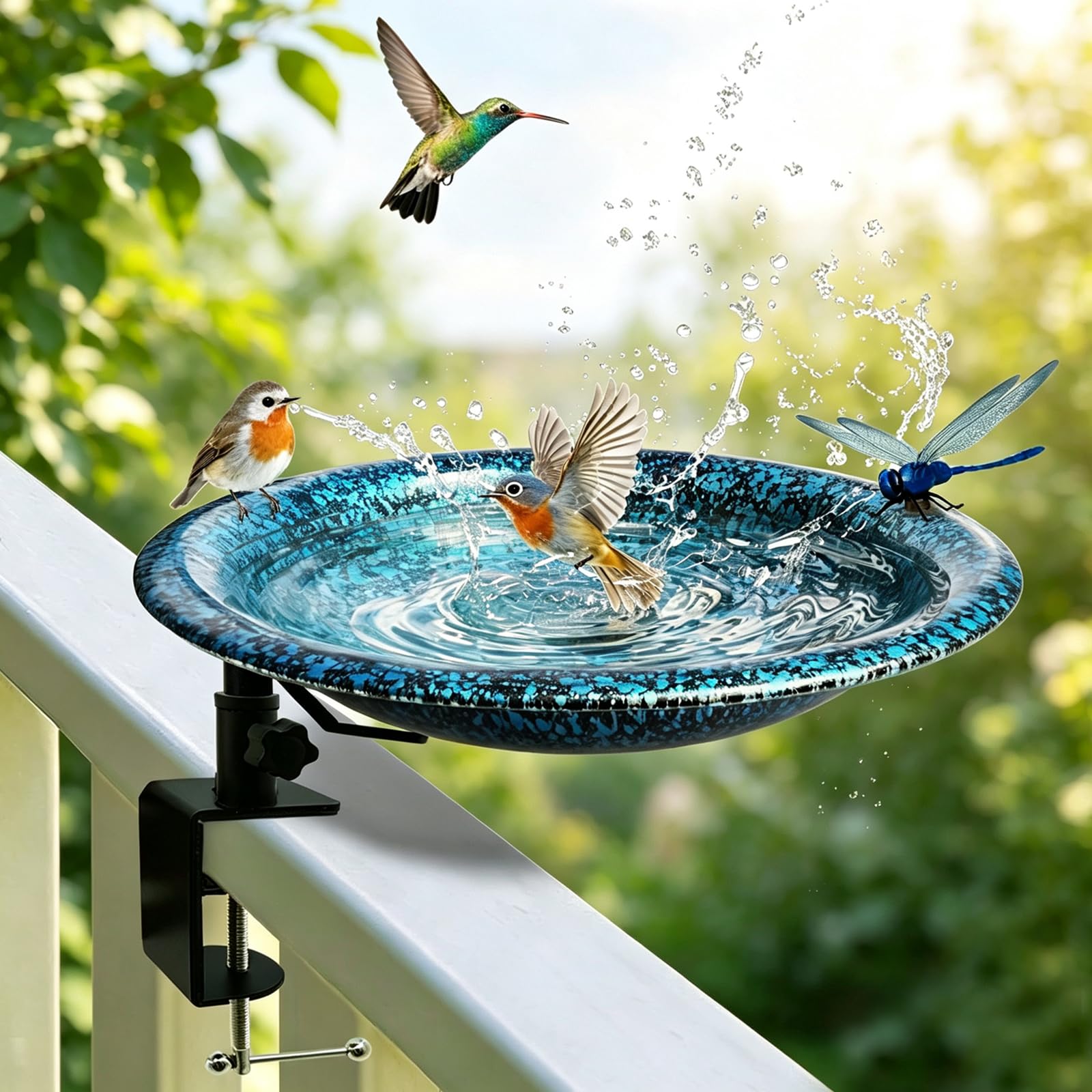 11.5 Inch Deck Mounted Blue Black Bird Bath Garden Ornament