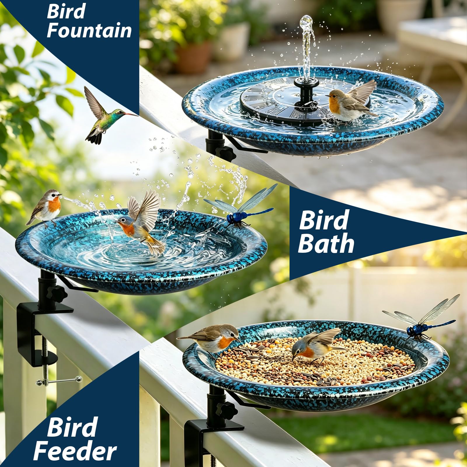 11.5 Inch Deck Mounted Blue Black Bird Bath Garden Ornament — view 2