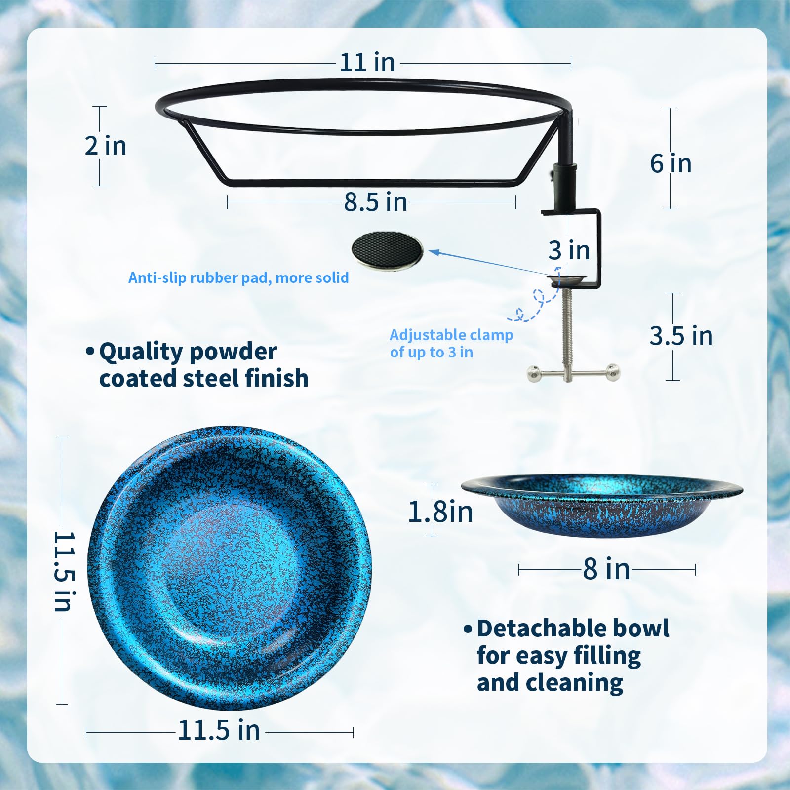 11.5 Inch Deck Mounted Blue Black Bird Bath Garden Ornament — view 3