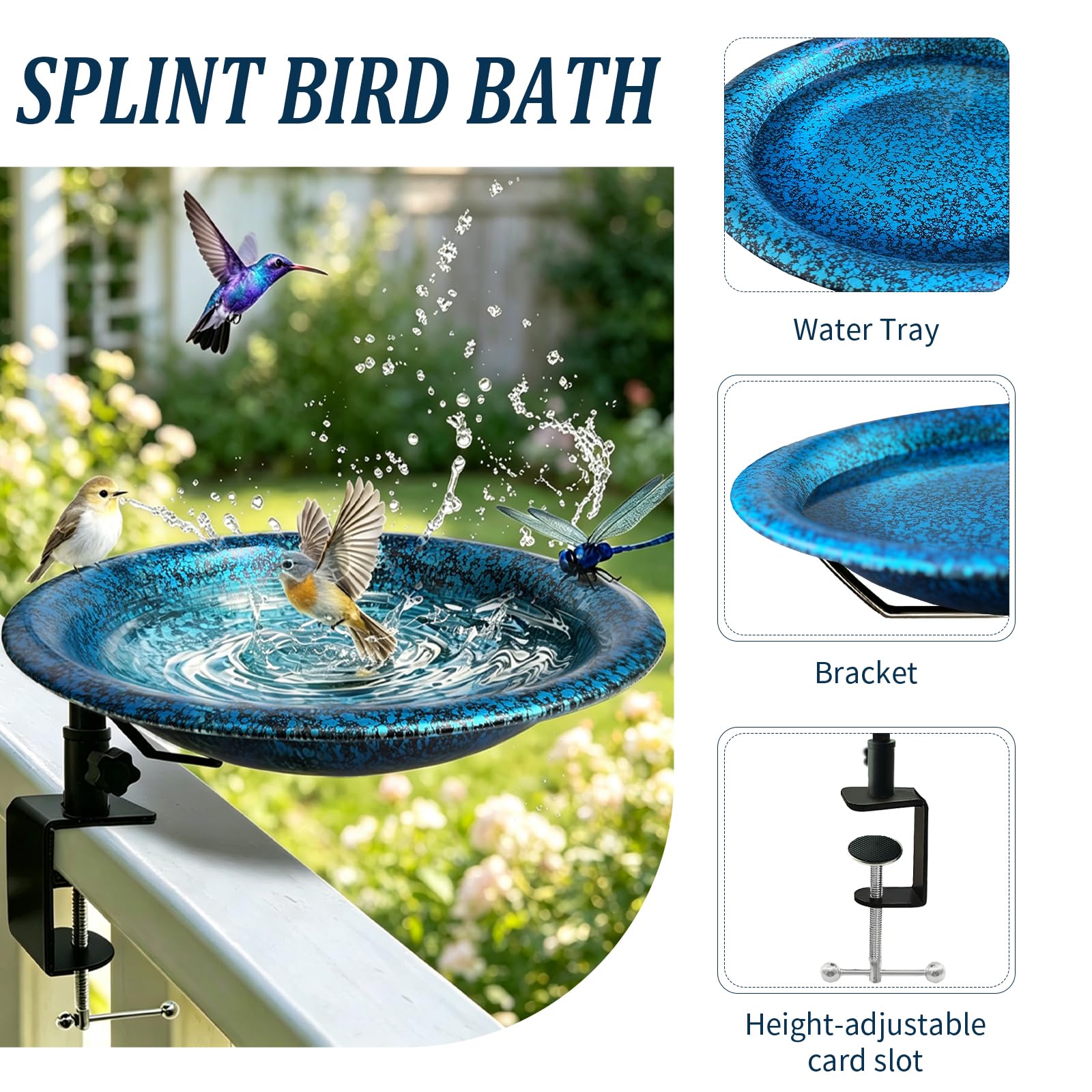 11.5 Inch Deck Mounted Blue Black Bird Bath Garden Ornament — view 5