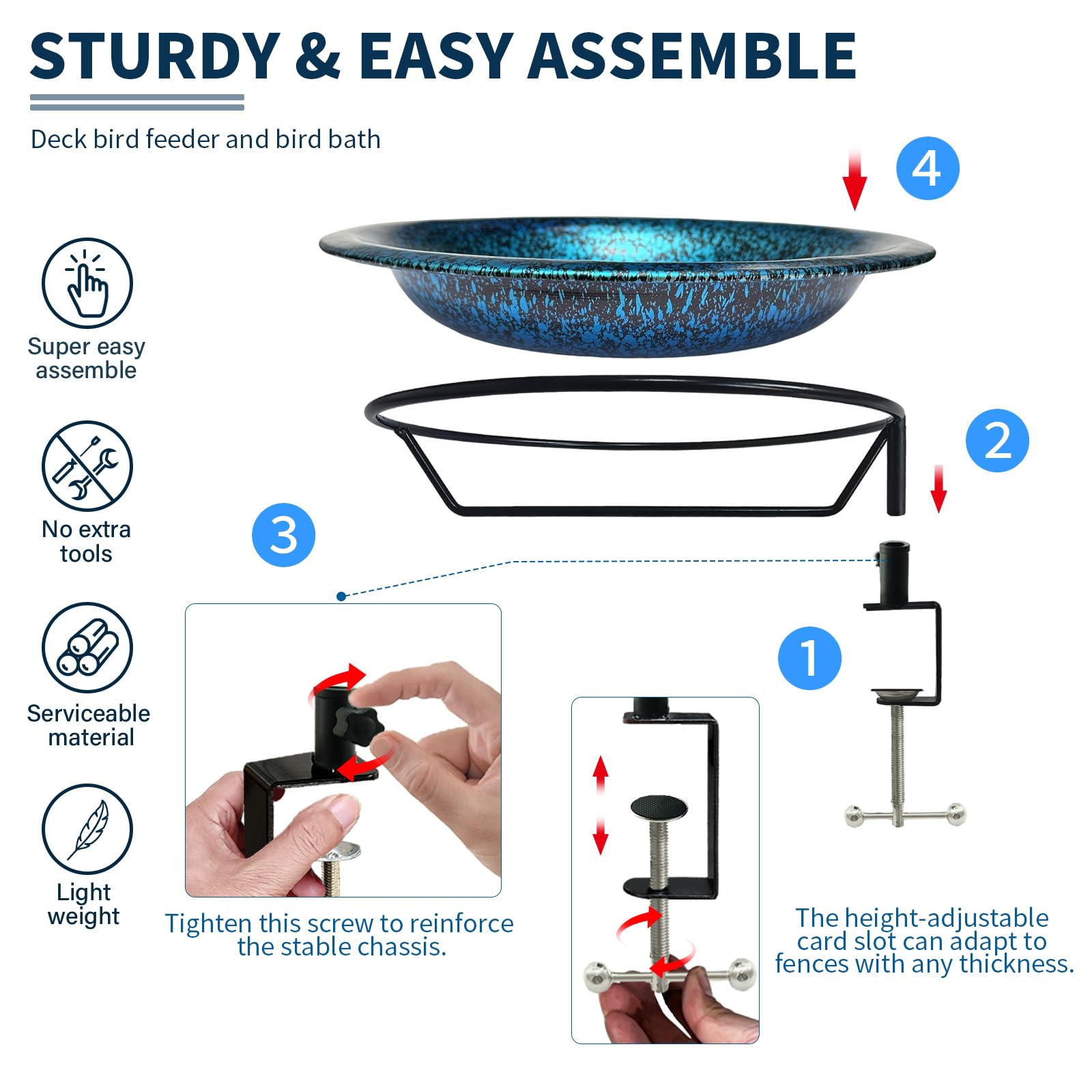 11.5 Inch Deck Mounted Blue Black Bird Bath Garden Ornament — view 7
