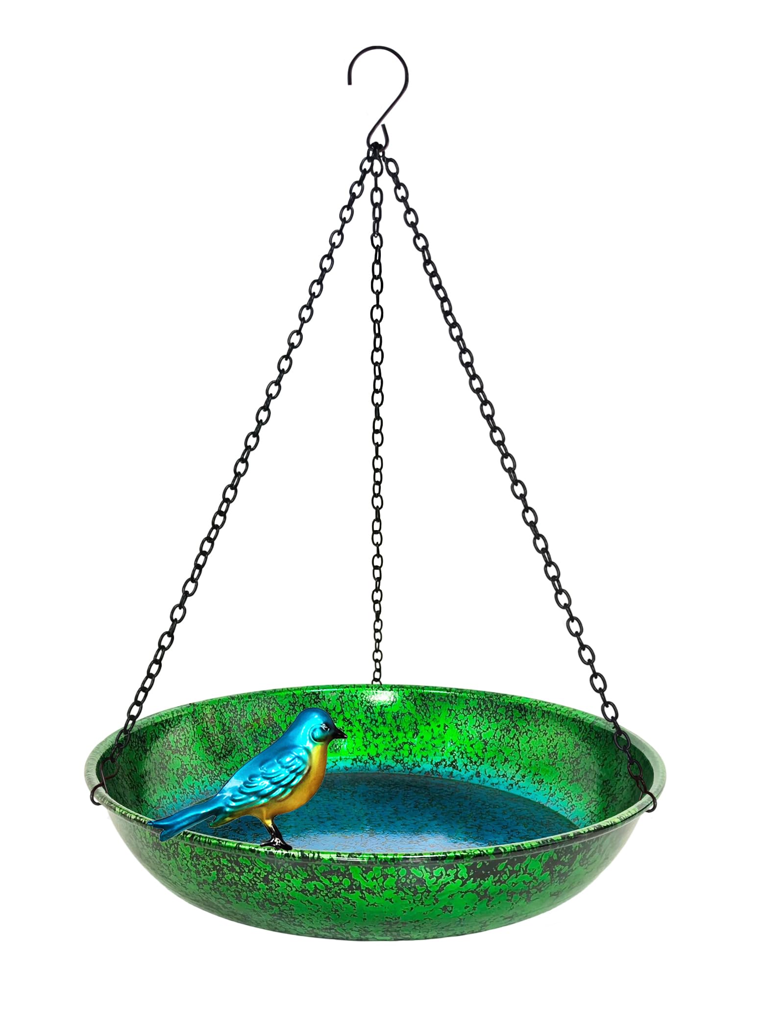 Hanging Bird Bath and Feeder Bowl 11 inch green and blue metal