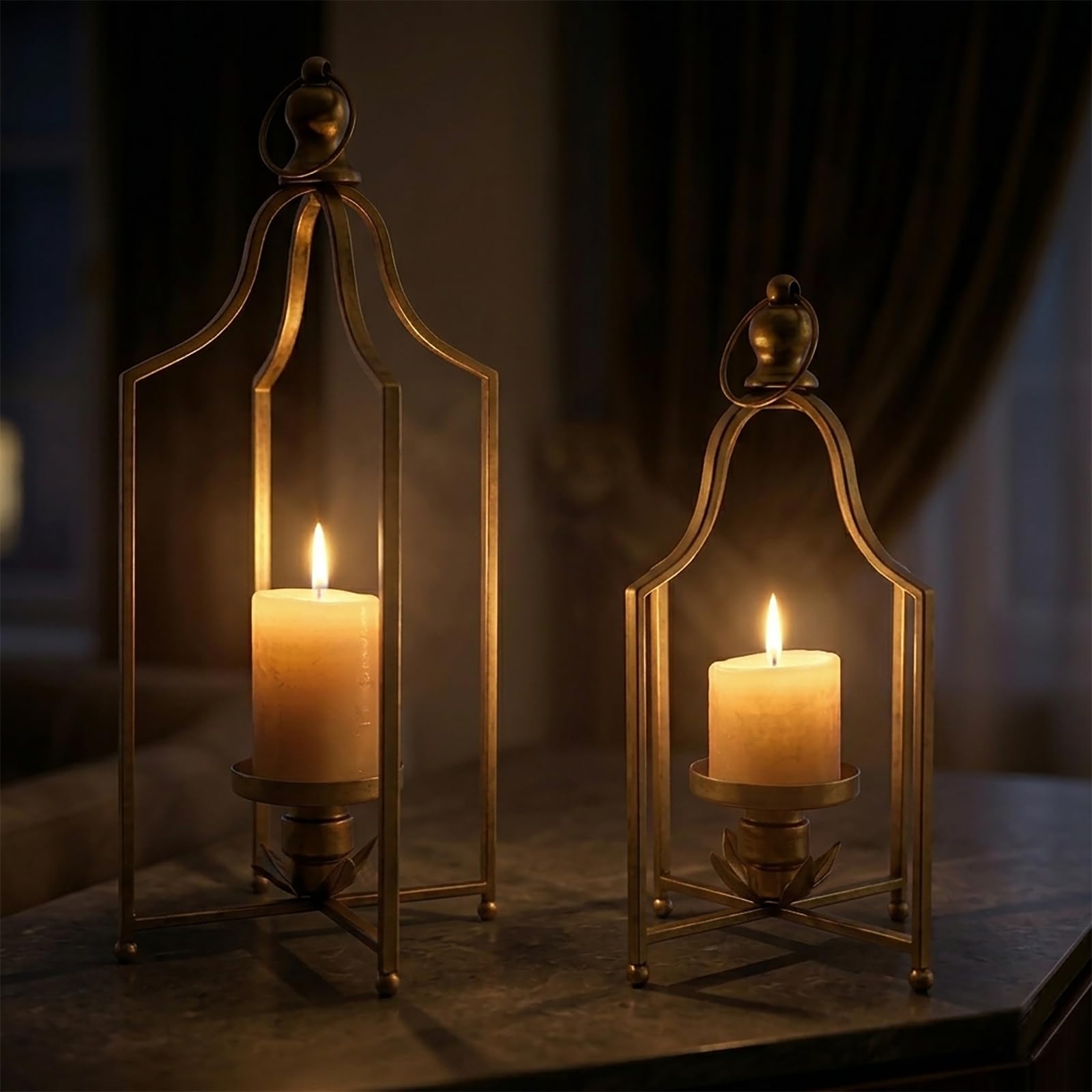 12.5" & 16.5" Timeless Cozy Decorative Lanterns Set of 2, Handcrafted Metal Iron Candle Holders, Farmhouse Elegance Fireplace Mantel Table Festive Gatherings Decor (Antique Gold) — view 3