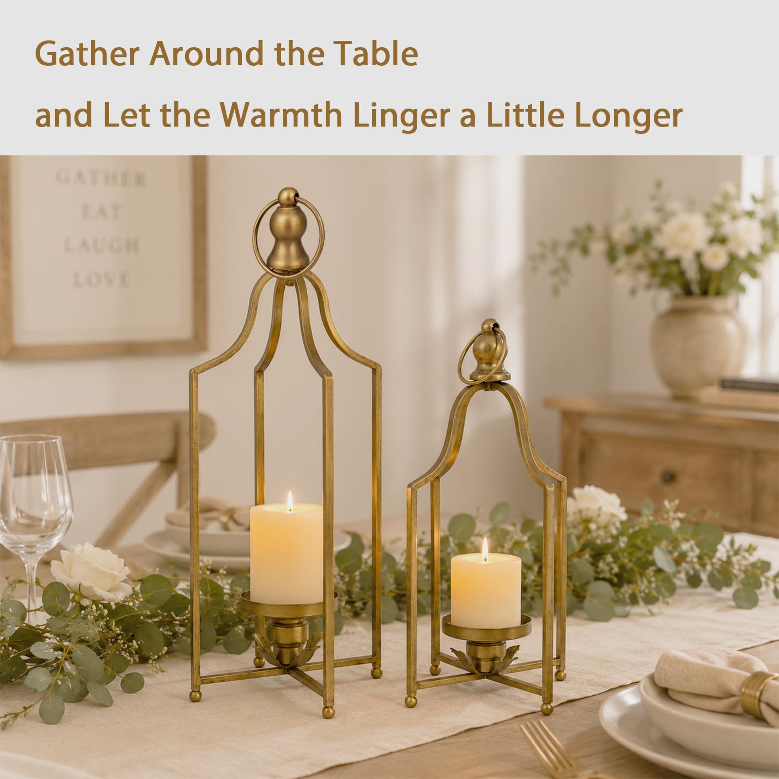 12.5" & 16.5" Timeless Cozy Decorative Lanterns Set of 2, Handcrafted Metal Iron Candle Holders, Farmhouse Elegance Fireplace Mantel Table Festive Gatherings Decor (Antique Gold) — view 4