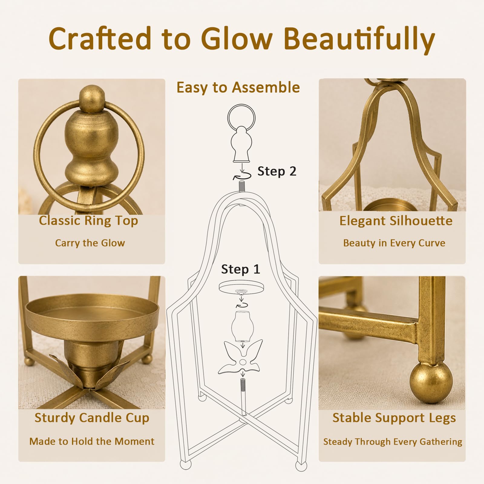 12.5" & 16.5" Timeless Cozy Decorative Lanterns Set of 2, Handcrafted Metal Iron Candle Holders, Farmhouse Elegance Fireplace Mantel Table Festive Gatherings Decor (Antique Gold) — view 5