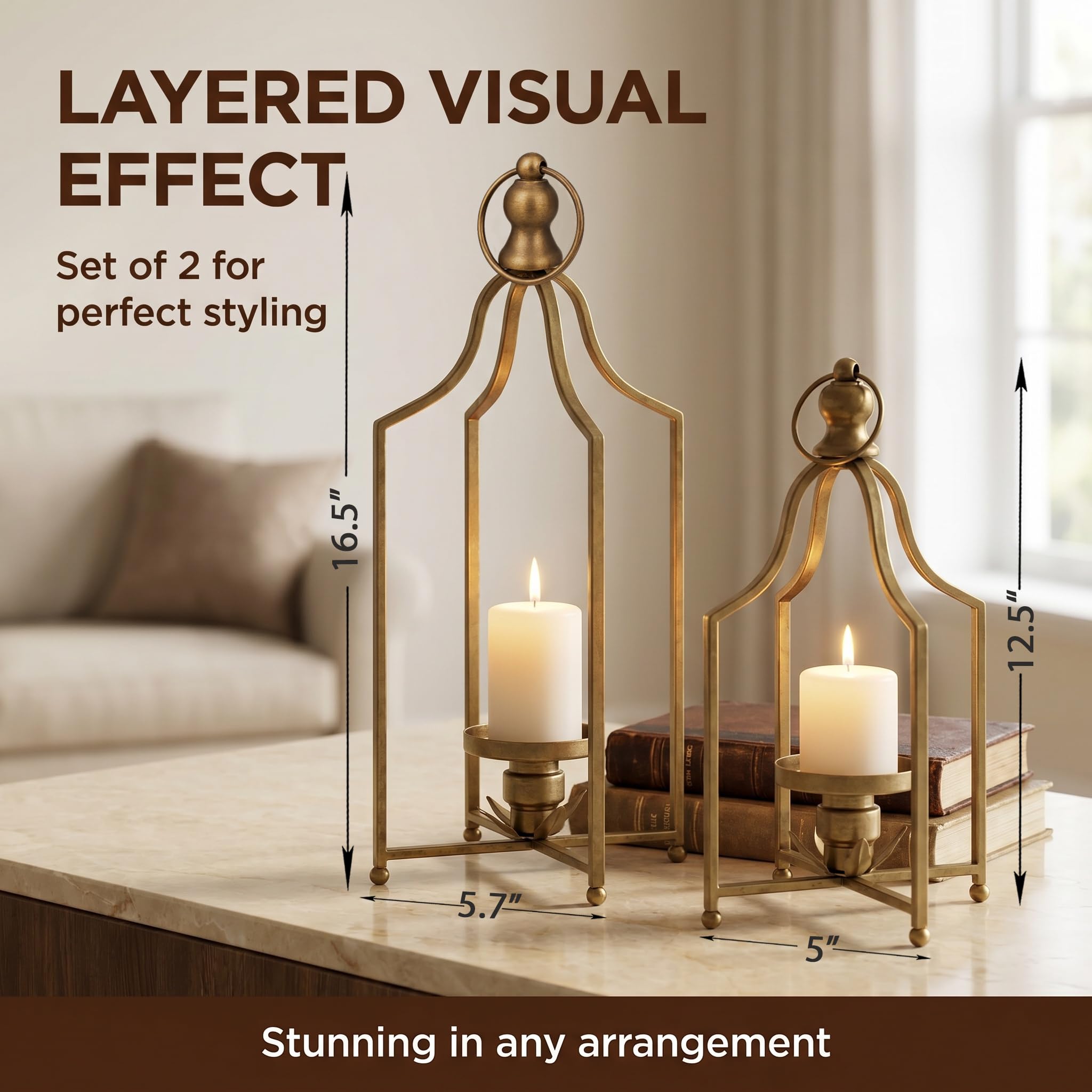 12.5" & 16.5" Timeless Cozy Decorative Lanterns Set of 2, Handcrafted Metal Iron Candle Holders, Farmhouse Elegance Fireplace Mantel Table Festive Gatherings Decor (Antique Gold) — view 6