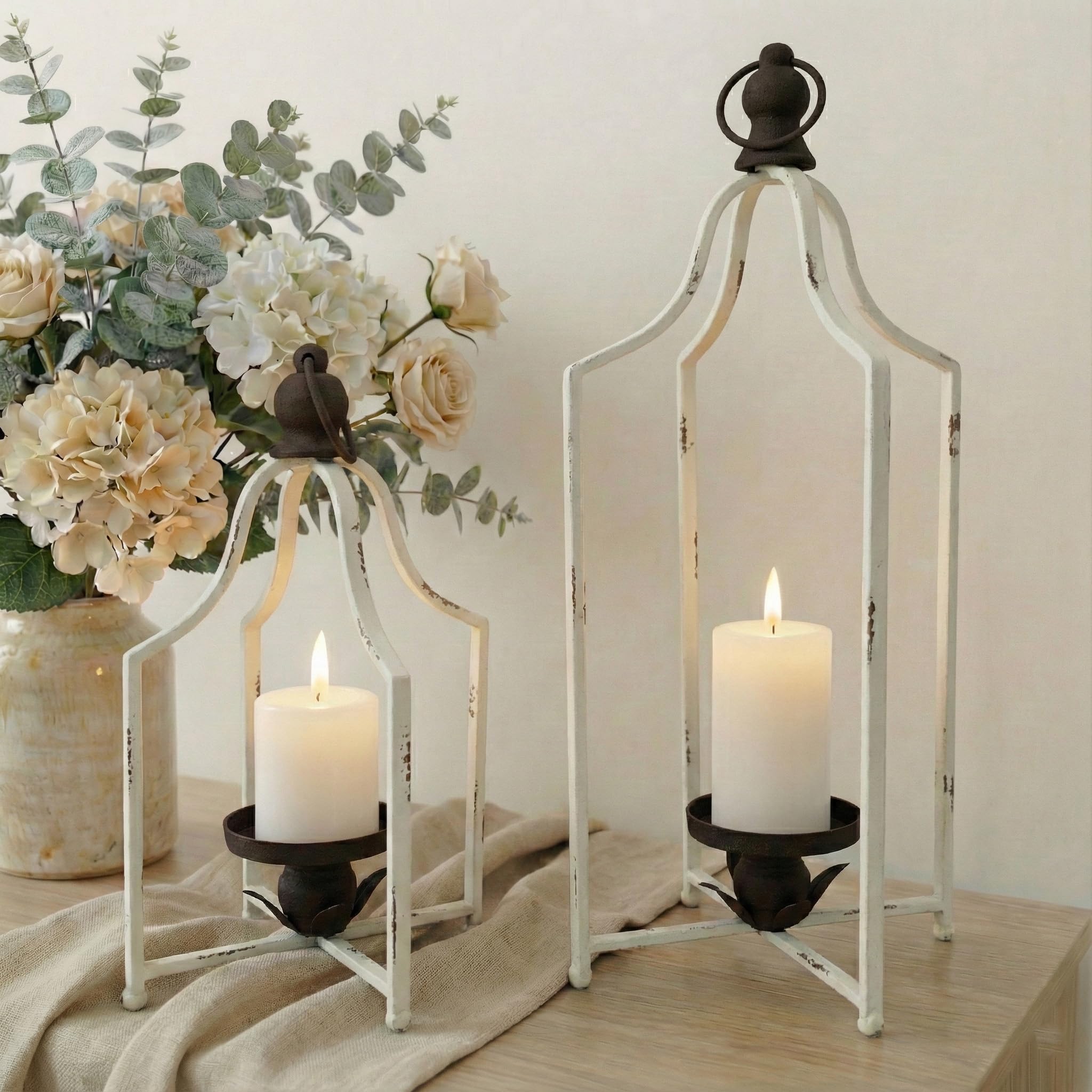 12.5" & 16.5" Timeless Cozy Decorative Lanterns Set of 2, Handcrafted Metal Iron Candle Holders, Farmhouse Elegance Fireplace Mantel Table Festive Gatherings Decor (Antique Gold) — view 7